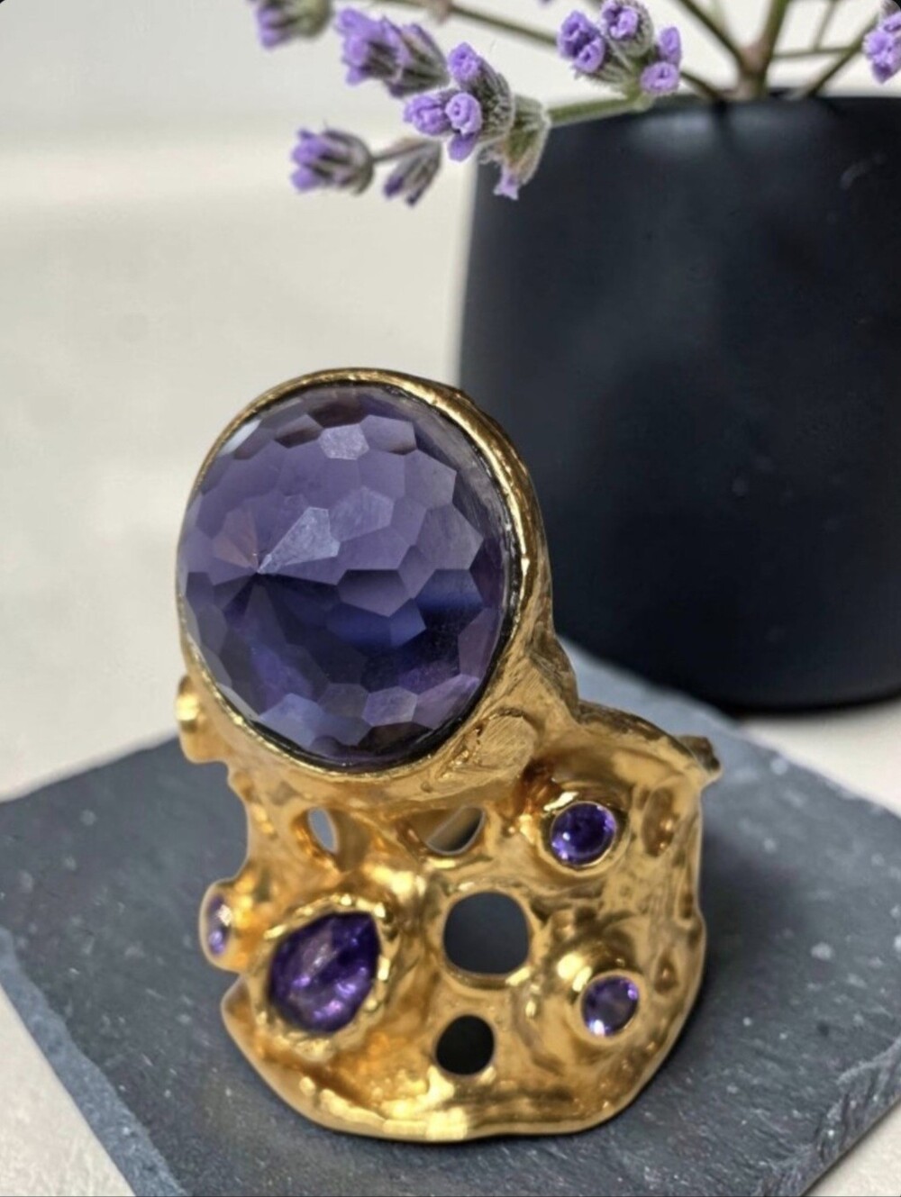 22k Gold Plated Turkish Artisan Amethyst Crystal 1 Of A Kind Statement Ring